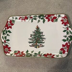 Christmas Tree Serving Platter with Poinsettia Design
